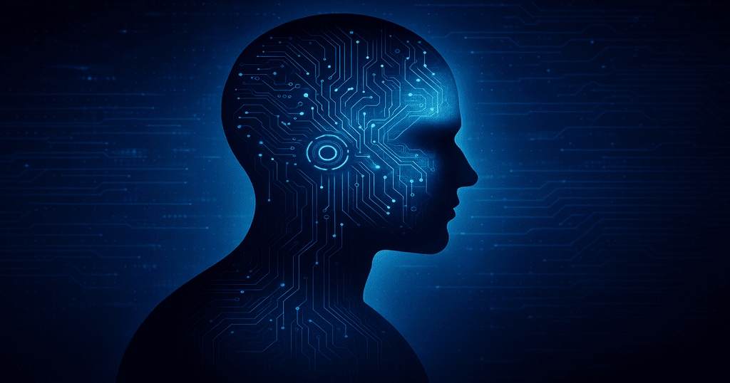 Silhueta de humano com implantes cibernéticos, simbolizando o transumanismo e a fusão entre biologia e tecnologia.