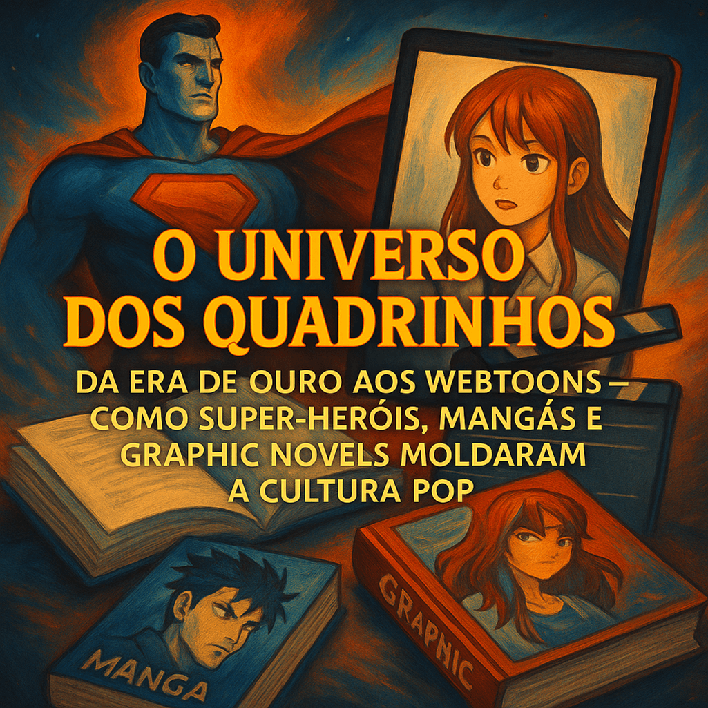 Ilustração com super-herói clássico, personagem de mangá e tablet exibindo webtoon, representando a evolução dos quadrinhos e seu impacto cultural