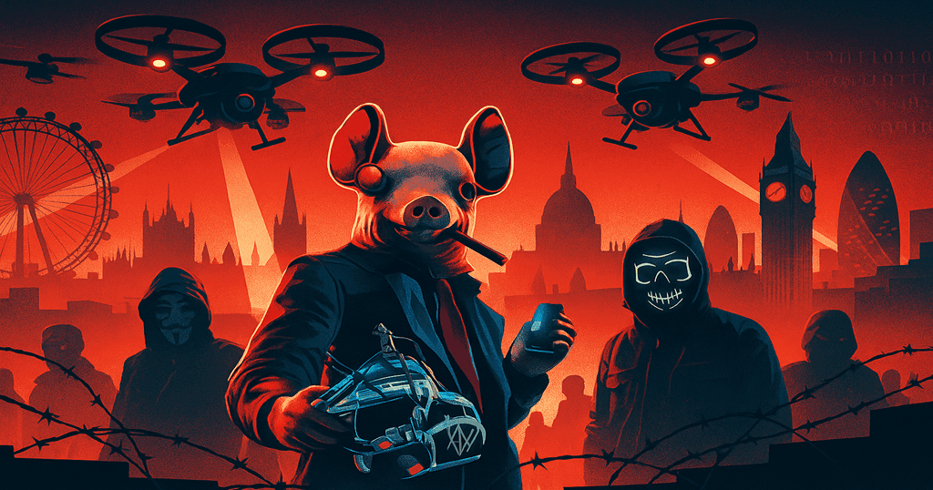 Montagem gráfica com skyline de Londres futurista, drones de vigilância e agentes da DedSec com máscaras, representando a distopia digital do jogo. Watch Dogs Legion