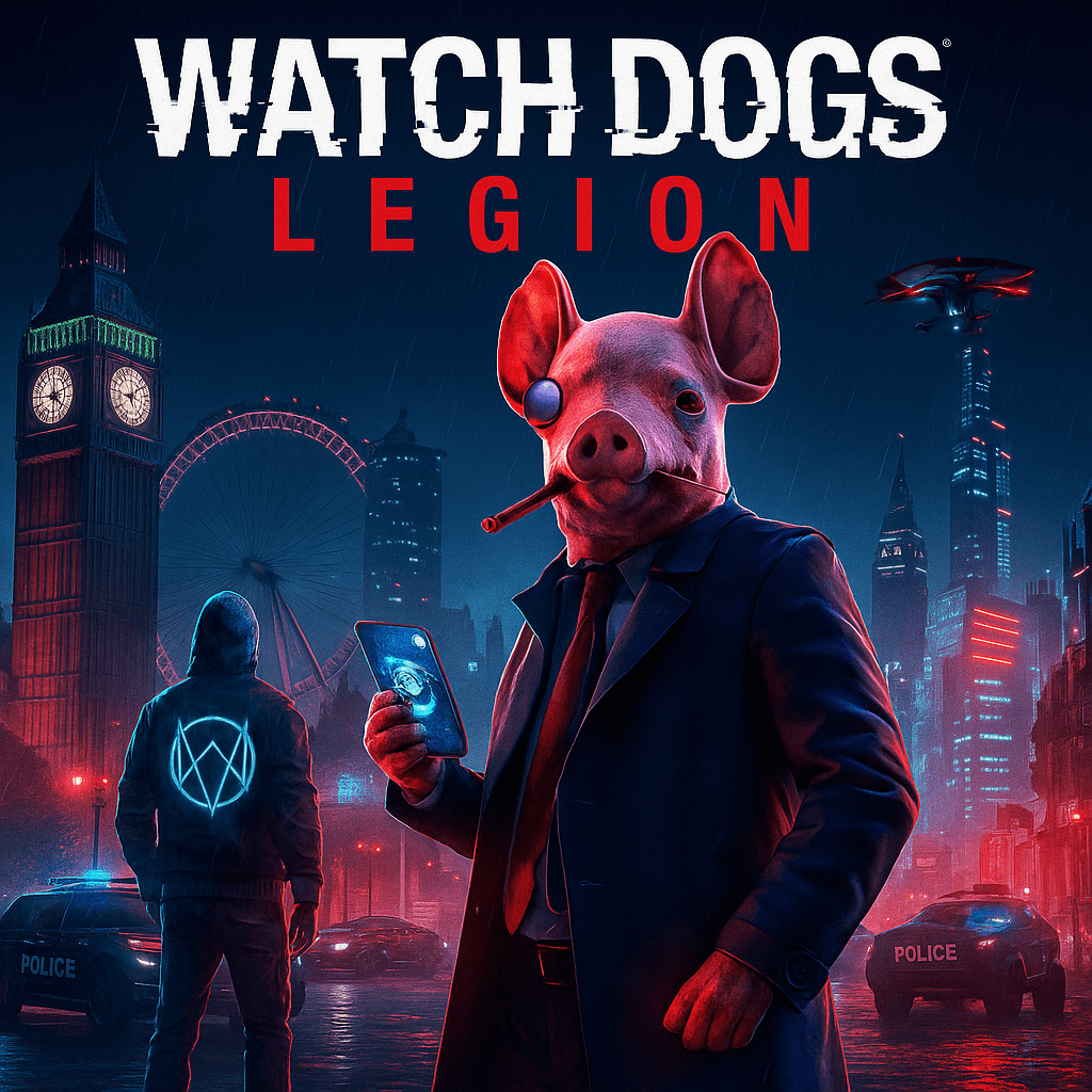 Arte conceitual com personagem mascarado de porco em Londres futurista, cercado por drones, viaturas e ícones da DedSec, representando a distopia digital do jogo Watch Dogs Legion.