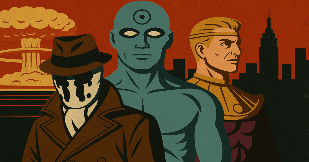 Pôster estilizado de Watchmen com Rorschach, Dr. Manhattan e Ozymandias diante de uma explosão nuclear e uma cidade em colapso.