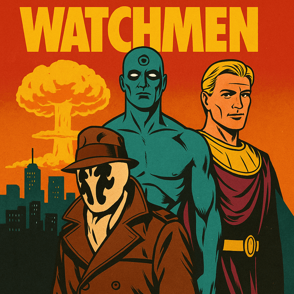 Ilustração estilo pôster dos personagens de Watchmen — Rorschach, Dr. Manhattan e Ozymandias — com fundo dividido entre uma explosão nuclear e uma cidade moderna