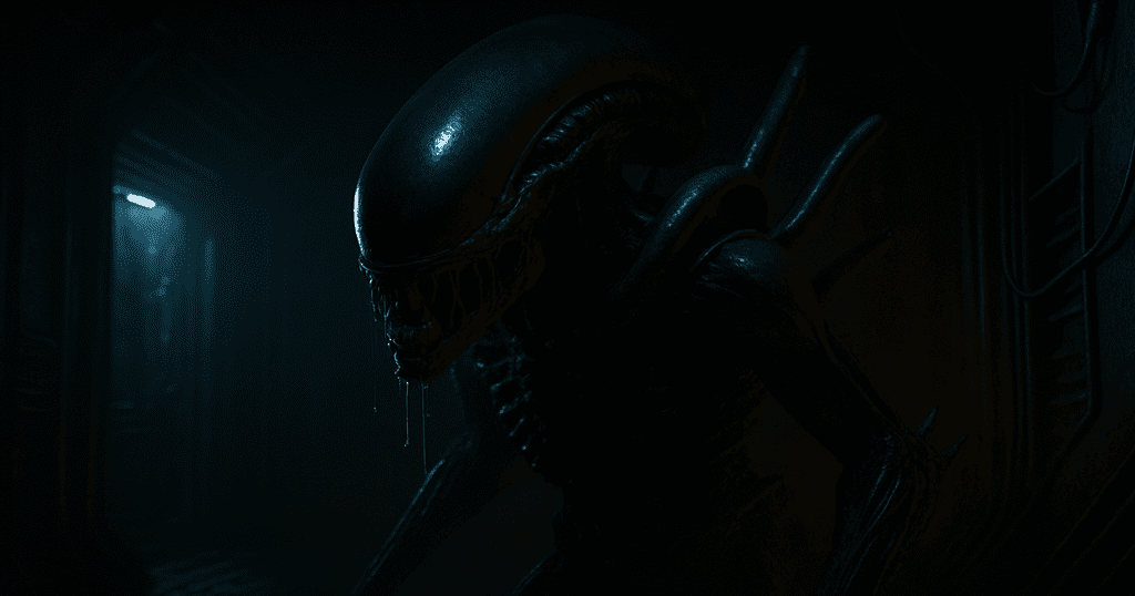 O Xenomorfo espreita nas sombras de uma nave, simbolizando o terror e o desconhecido em Alien.