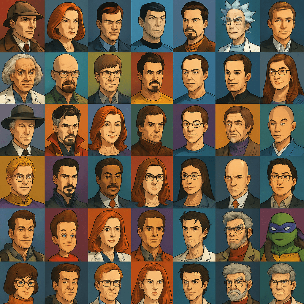 “Montagem quadrada com 50 personagens gênios da ficção, incluindo super-heróis, cientistas e detetives famosos de filmes, séries e quadrinhos” 50 Mentes Brilhantes da Ficção