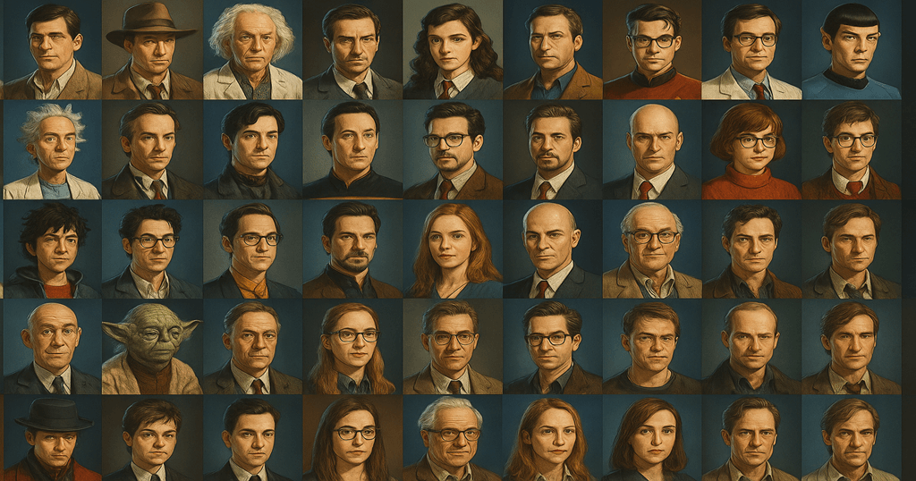 “Montagem horizontal com 50 personagens fictícios considerados gênios, incluindo detetives, super-heróis, cientistas e intelectuais de filmes, séries e livros”
50 Mentes Brilhantes da Ficção –