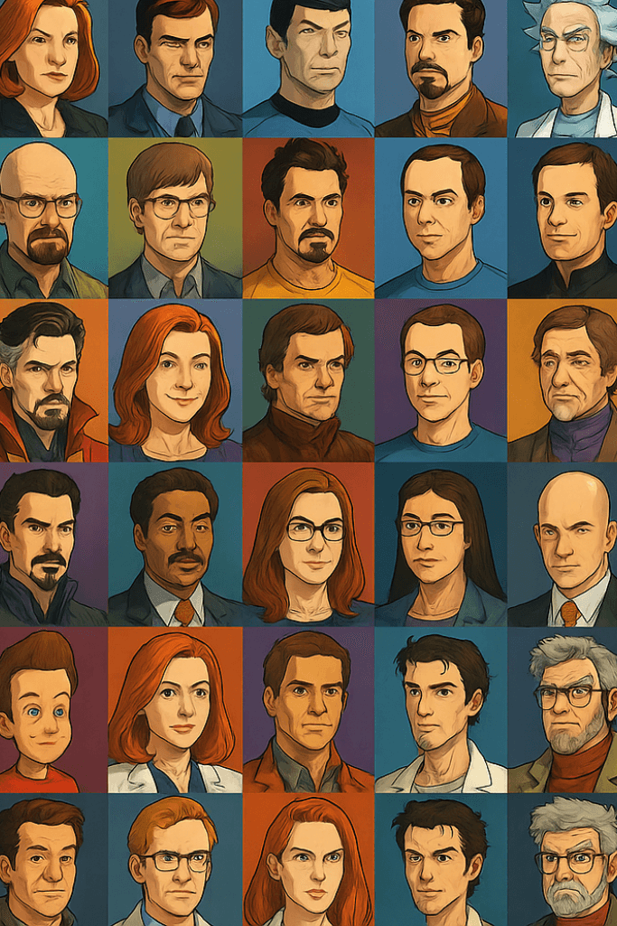 “Ilustração digital com 50 personagens gênios da ficção, incluindo heróis de quadrinhos, cientistas de filmes e livros clássicos” As 50 Mentes Mais Brilhantes da Ficção