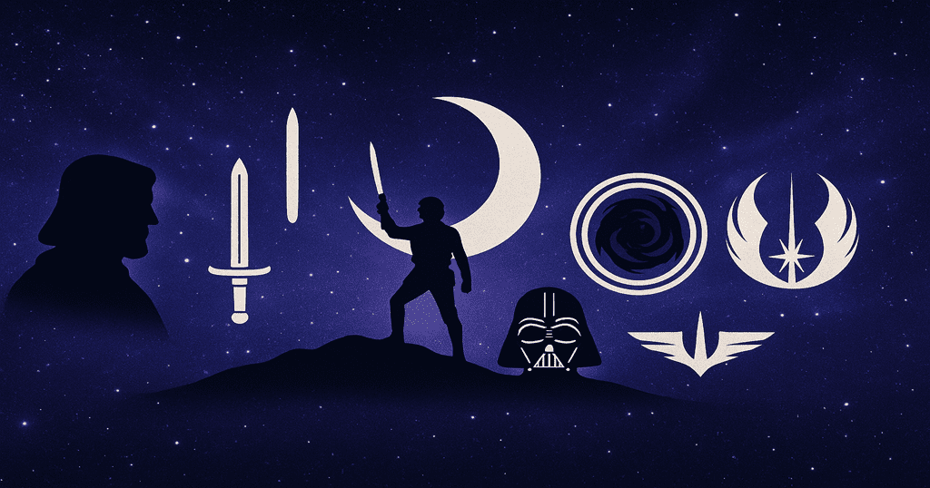 Ilustração horizontal com símbolos da jornada do herói e fundo de galáxia estrelada, inspirada em Star Wars