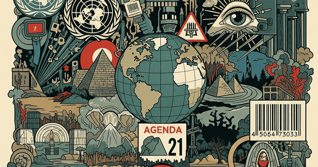 “Imagem horizontal com ícones de geopolítica e conspiração, sobre a Agenda 21.”
