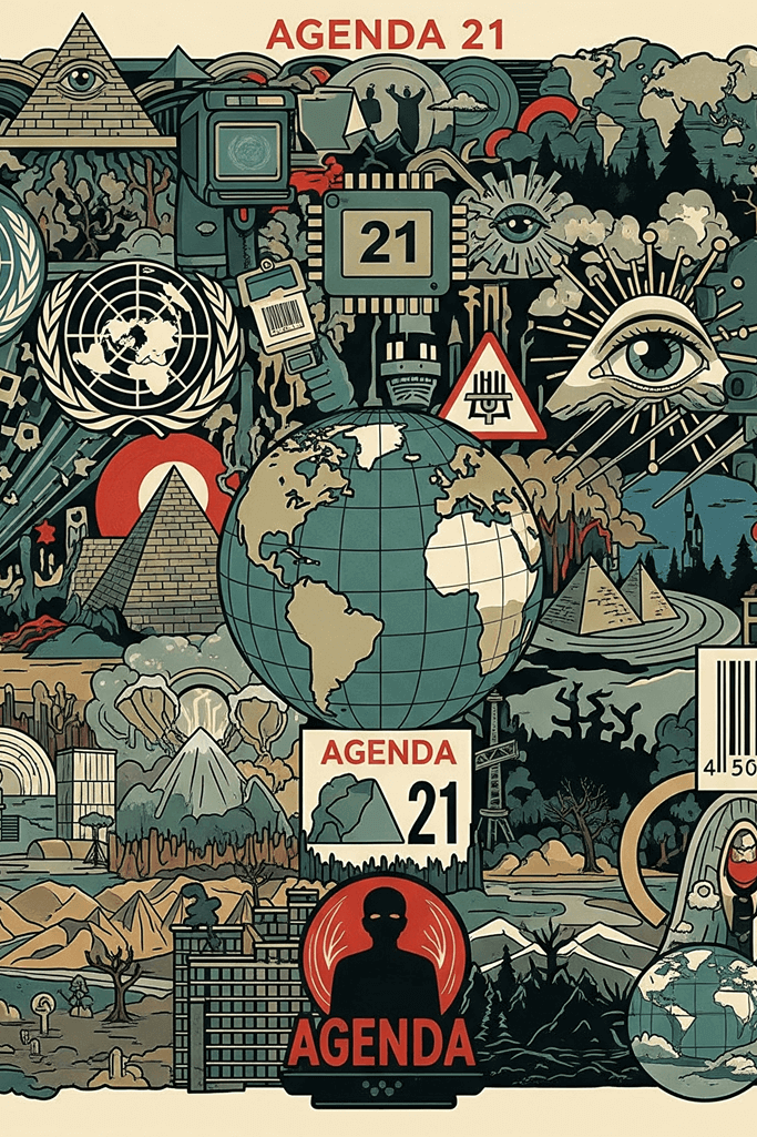 “Imagem vertical com ícones de geopolítica e conspiração, sobre a Agenda 21.”