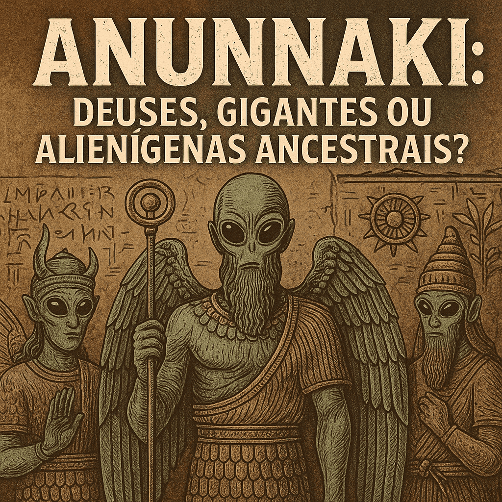 Ilustração artística representando os Anunnaki como figuras antigas com aparência alienígena e simbologia suméria