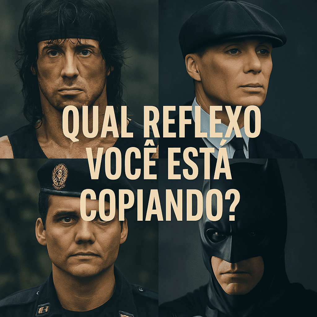 Imagem quadrada com os rostos de Rambo, Thomas Shelby, Capitão Nascimento e Batman, representando diferentes arquétipos de masculinidade na cultura pop. A composição visual destaca força, trauma, controle e solidão.