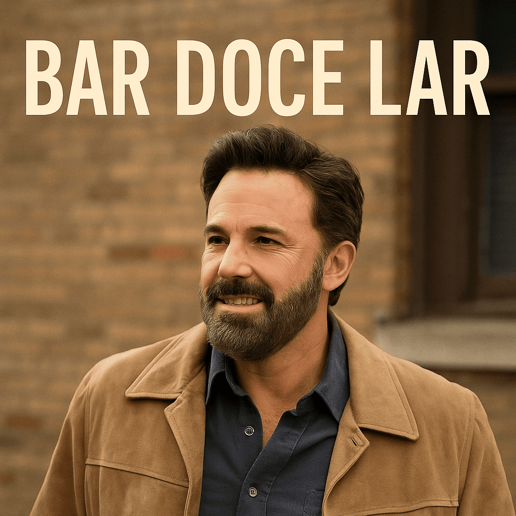 Ben Affleck como Tio Charlie sorrindo em frente a uma parede de tijolos no filme Bar Doce Lar