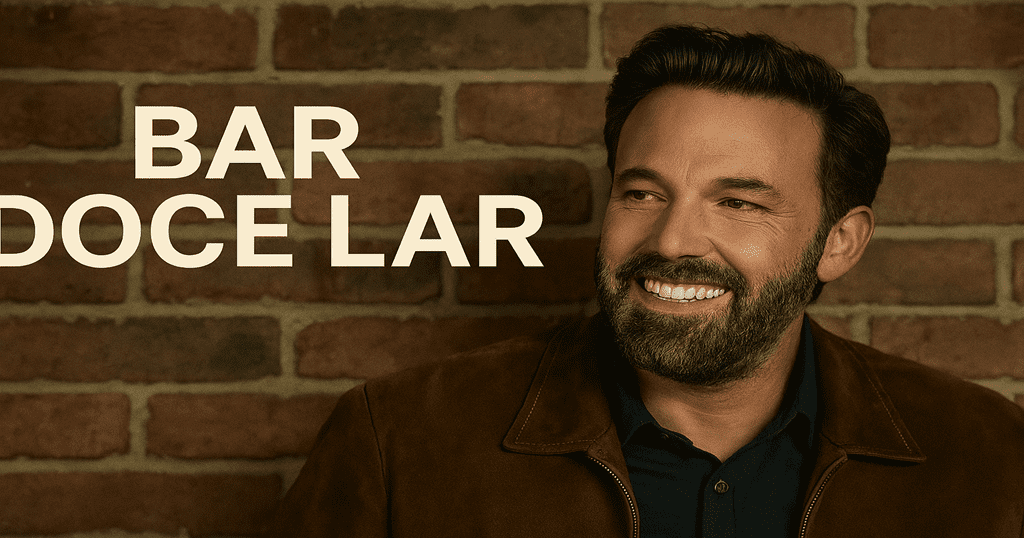 Ben Affleck sorrindo como Tio Charlie no filme Bar Doce Lar, com fundo de tijolos e o título do filme ao lado