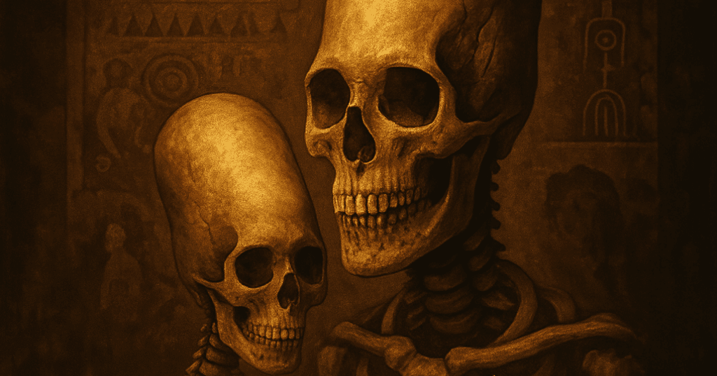  “Imagem Horizontal com crânios alongados de Paracas, explorando mistério biológico e cultura.”
