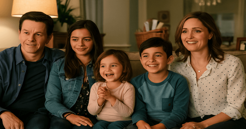 Família reunida no sofá sorrindo em cena do filme De Repente Uma Família (2018), com ambiente acolhedor e iluminação suave