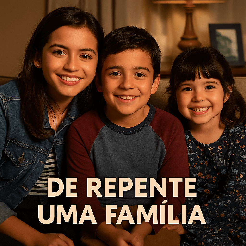 Três irmãos sorrindo juntos em cena do filme De Repente Uma Família (2018), com ambiente aconchegante e luz quente