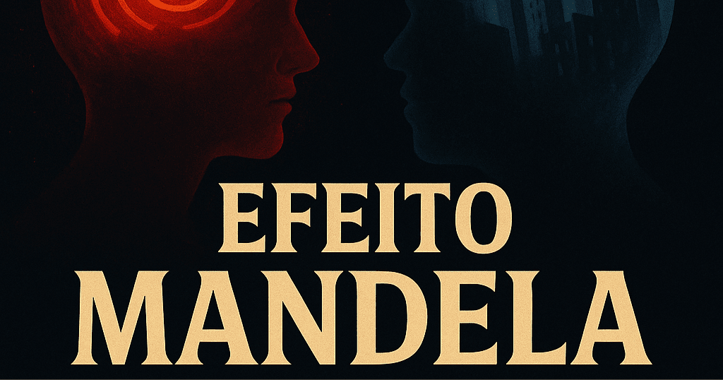 Frase O Efeito Mandela sobre fundo escuro com distorções de memória e elementos abstratos