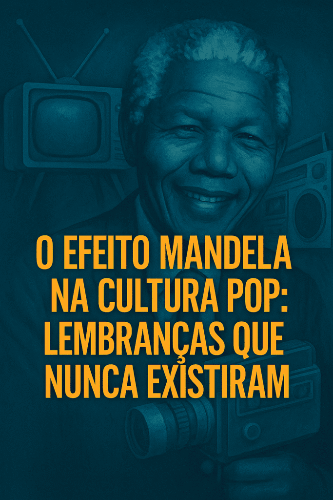 Frase O Efeito Mandela na Cultura Pop sobre fundo escuro com silhuetas de memória e realidade distorcidas