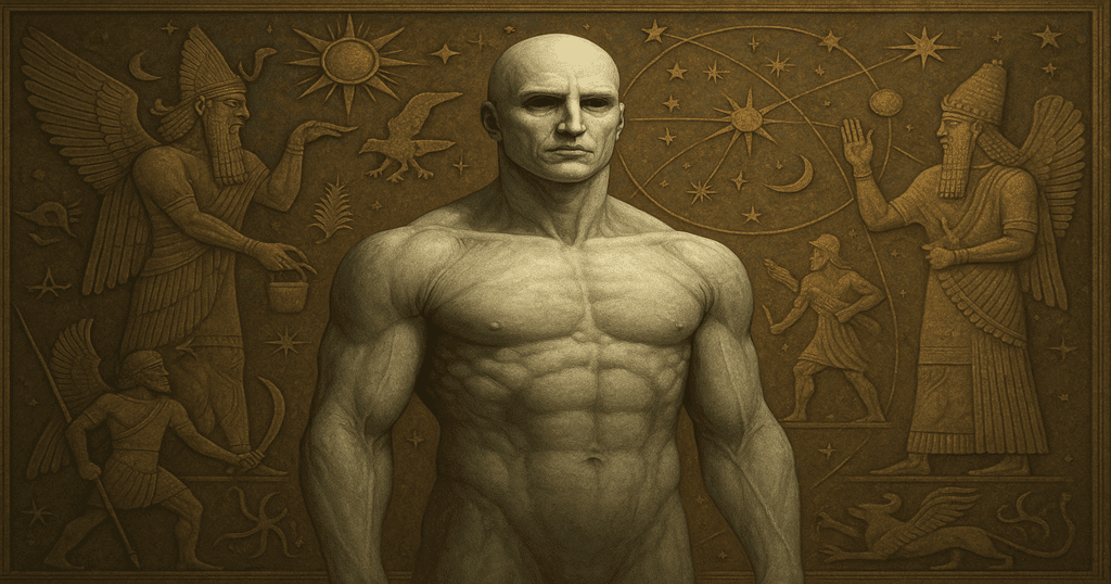 Imagem dos Engenheiros de Prometheus diante de um mural com deuses alados, símbolos cósmicos e gravuras sumérias, representando a conexão entre ficção científica e mitologia ancestral.