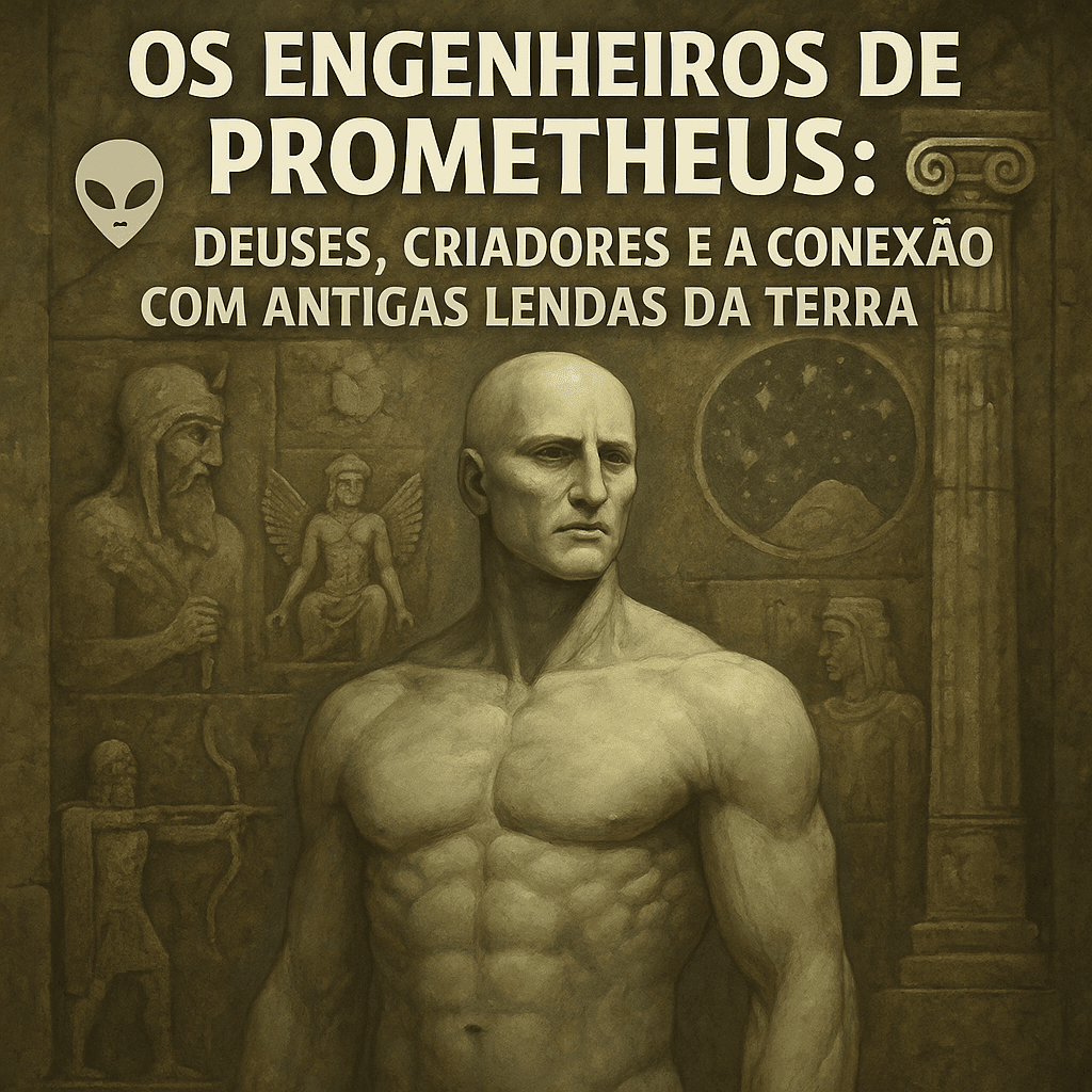 Imagem artística de um Engenheiro do filme Prometheus, com corpo musculoso e pele pálida, diante de um mural com símbolos antigos, figuras mitológicas e elementos celestiais. Engenheiros de Prometheus