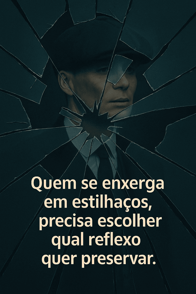 Imagem vertical de Thomas Shelby refletido em um espelho estilhaçado, com a frase “Quem se enxerga em estilhaços, precisa escolher qual reflexo quer preservar”. Representa a reflexão sobre masculinidade e identidade na cultura pop.