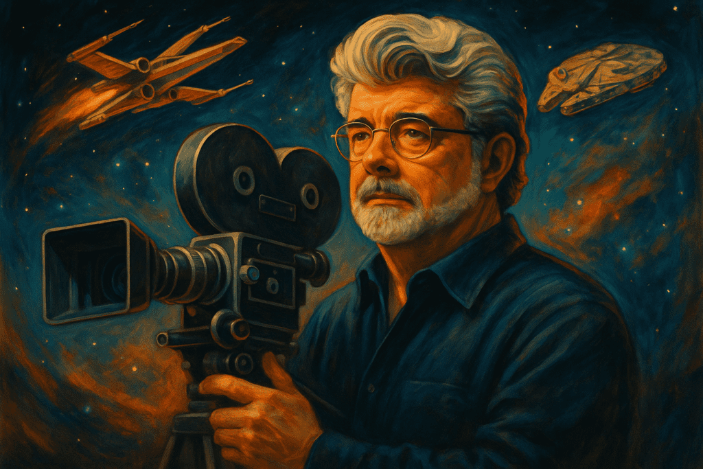 Ilustração horizontal de George Lucas com fundo estrelado, naves de Star Wars e câmera de cinema, representando sua influência cultural” O Arquiteto da Galáxia