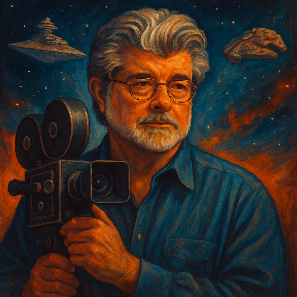 “Ilustração quadrada de George Lucas com fundo de galáxia, naves de Star Wars e câmera de cinema, simbolizando sua obra” O Arquiteto da Galáxia