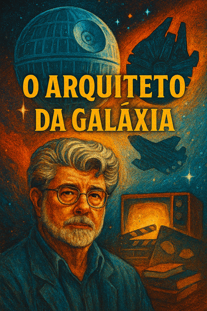 Ilustração vertical de George Lucas com fundo de galáxia, naves espaciais e câmera de cinema, representando sua criação de Star Wars, O Arquiteto da Galáxia