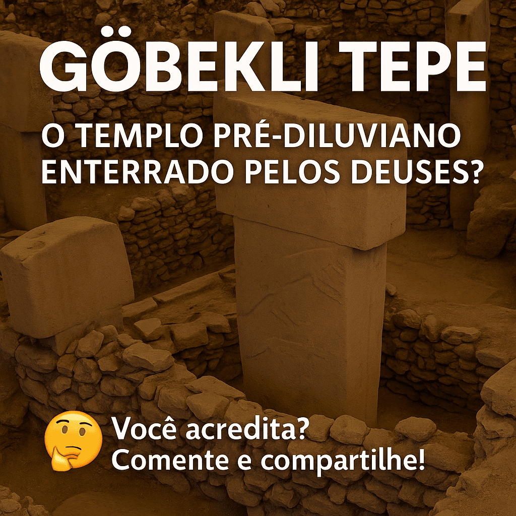 Imagem estilizada de Göbekli Tepe com colunas de pedra em destaque e elementos arqueológicos, sugerindo um templo pré-diluviano enterrado por forças misteriosas.