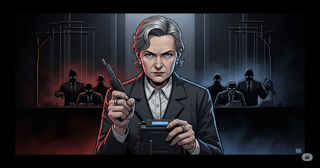 “Arte Horizontal com estética dark, abordando teorias sobre governo nas sombras.”