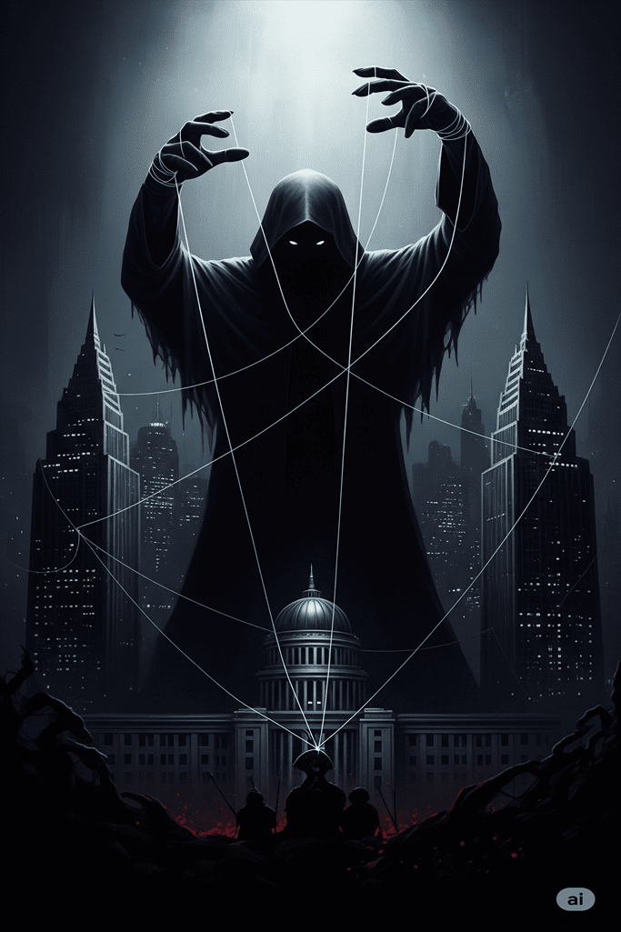 “Arte Vertical com estética dark, abordando teorias sobre governo nas sombras.”