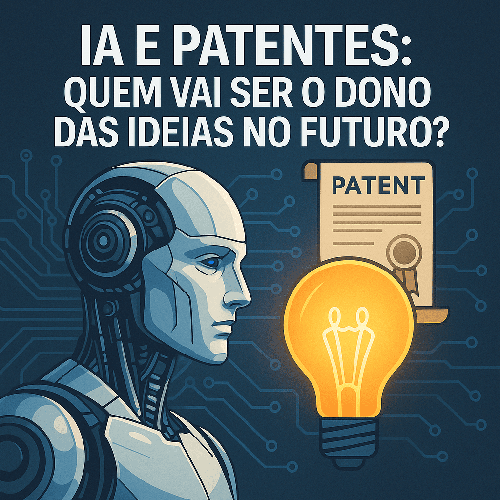 Ilustração digital de IA e patentes com cérebro artificial e ícones de propriedade intelectual em destaque