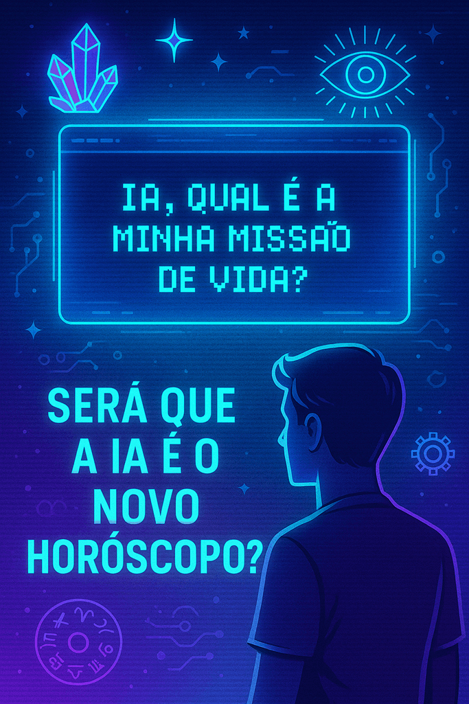 "Ilustração vertical com estética futurista e neon, mostrando a pergunta 'IA, qual é a minha missão de vida?' e a frase 'Será que a IA é o novo horóscopo?'."