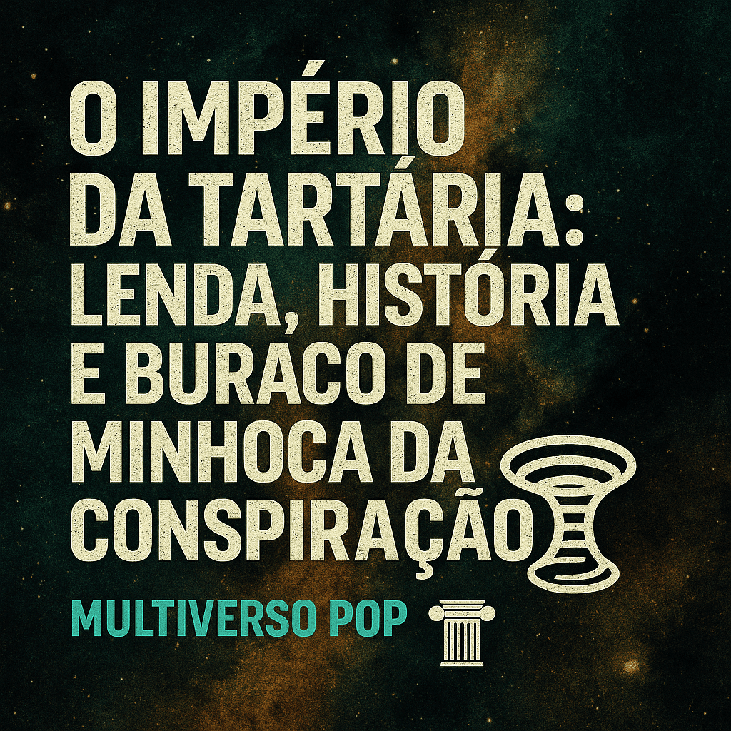 Imagem quadrada com símbolos misteriosos e mapas antigos, representando o Império da Tartária.