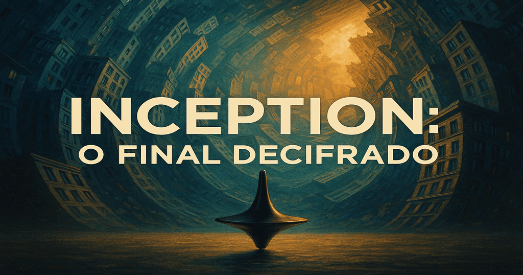 Peão girando com fundo surreal de cidade dobrando, inspirado no filme Inception, com frase Inception: O Final Decifrado