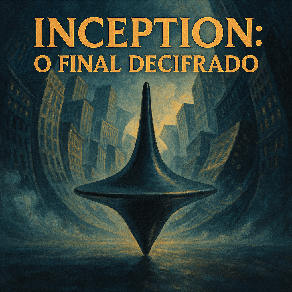 Peão girando no centro com cidade distorcida ao fundo e texto Inception: O Final Decifrado