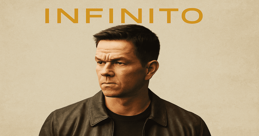 Imagem promocional do filme Infinito com Mark Wahlberg em destaque, fundo bege e título no topo