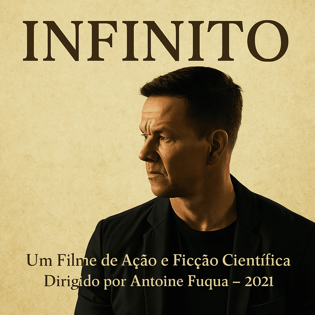 Imagem promocional do filme Infinito com Mark Wahlberg em fundo bege e o título destacado no topo