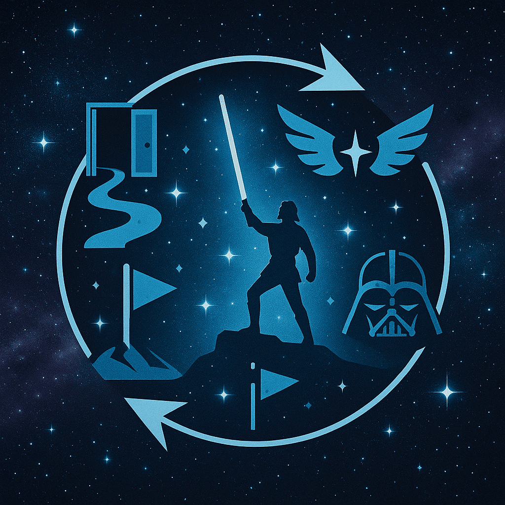 Ilustração quadrada com símbolos de jornada do herói e galáxia estrelada, inspirada em Star Wars e na mitologia do cinema