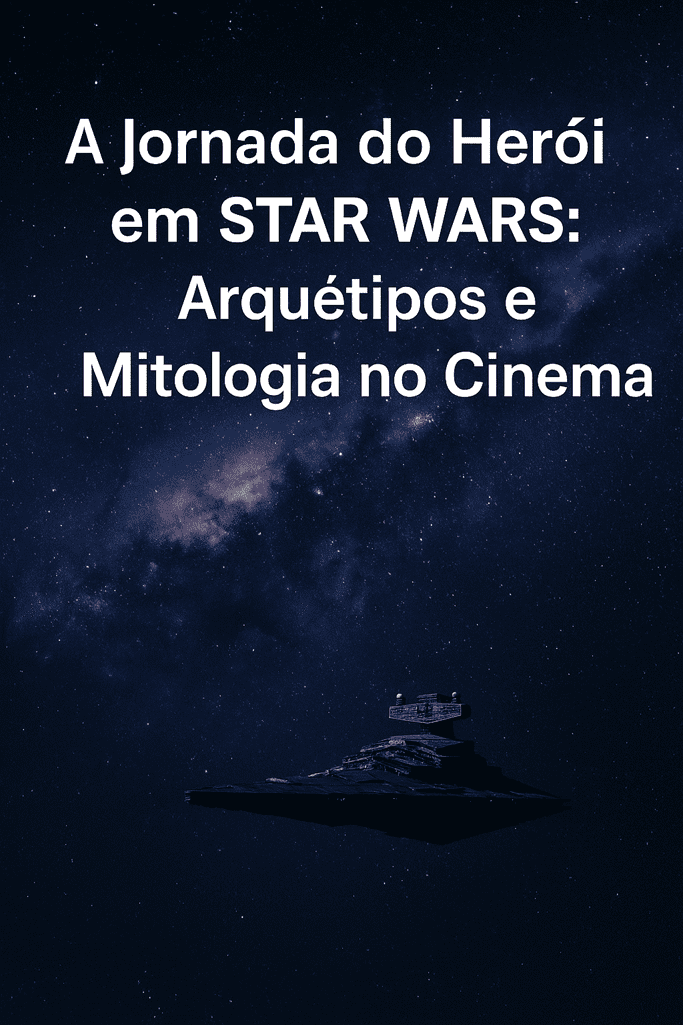 Ilustração de jornada do herói com elementos de Star Wars e fundo de galáxia, representando arquétipos e mitologia no cinema