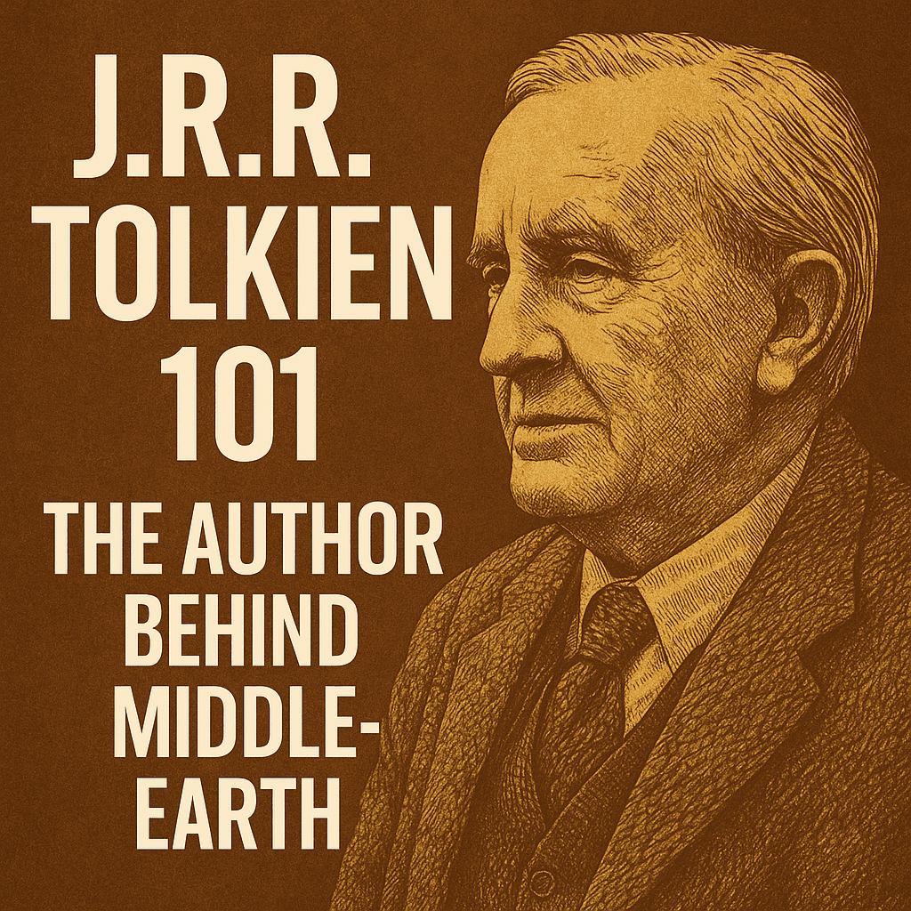 Retrato artístico de J.R.R. Tolkien com fundo estilizado da Terra Média, representando sua influência na fantasia épica