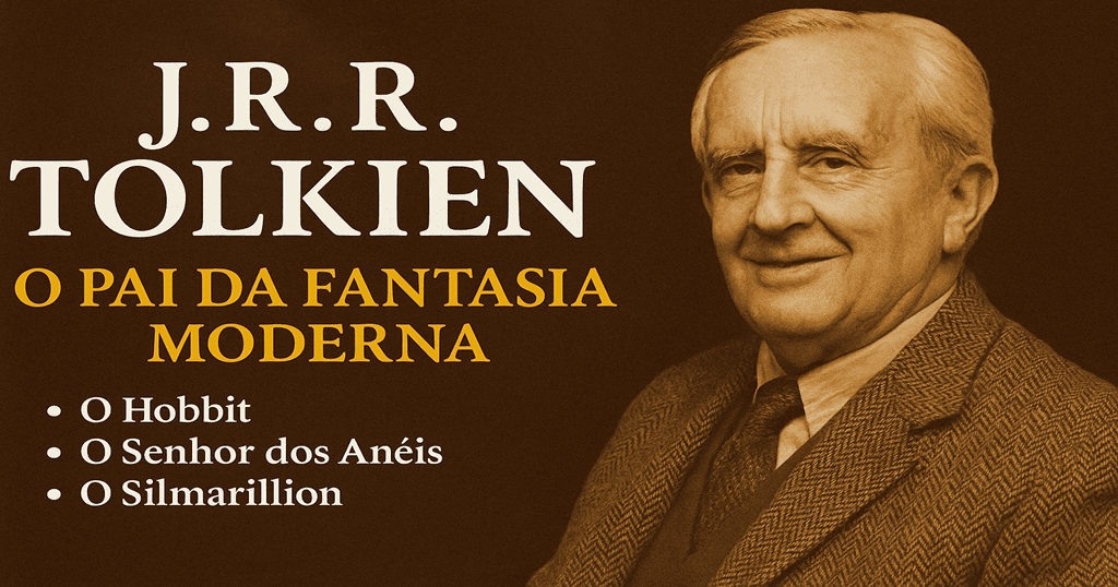 Retrato artístico de J.R.R. Tolkien com cenário da Terra Média ao fundo, representando sua influência na fantasia moderna