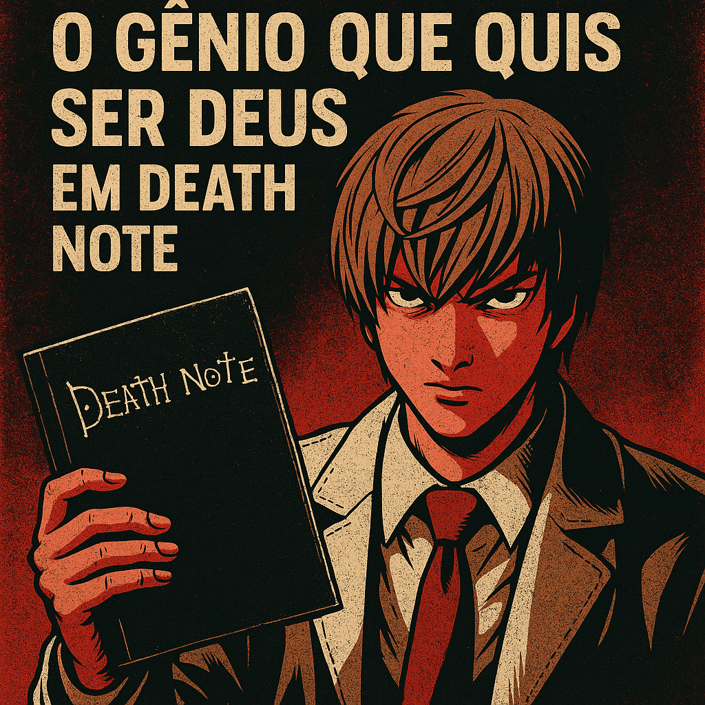 “Ilustração quadrada de Light Yagami segurando o Death Note, com tons sombrios e atmosfera psicológica.”