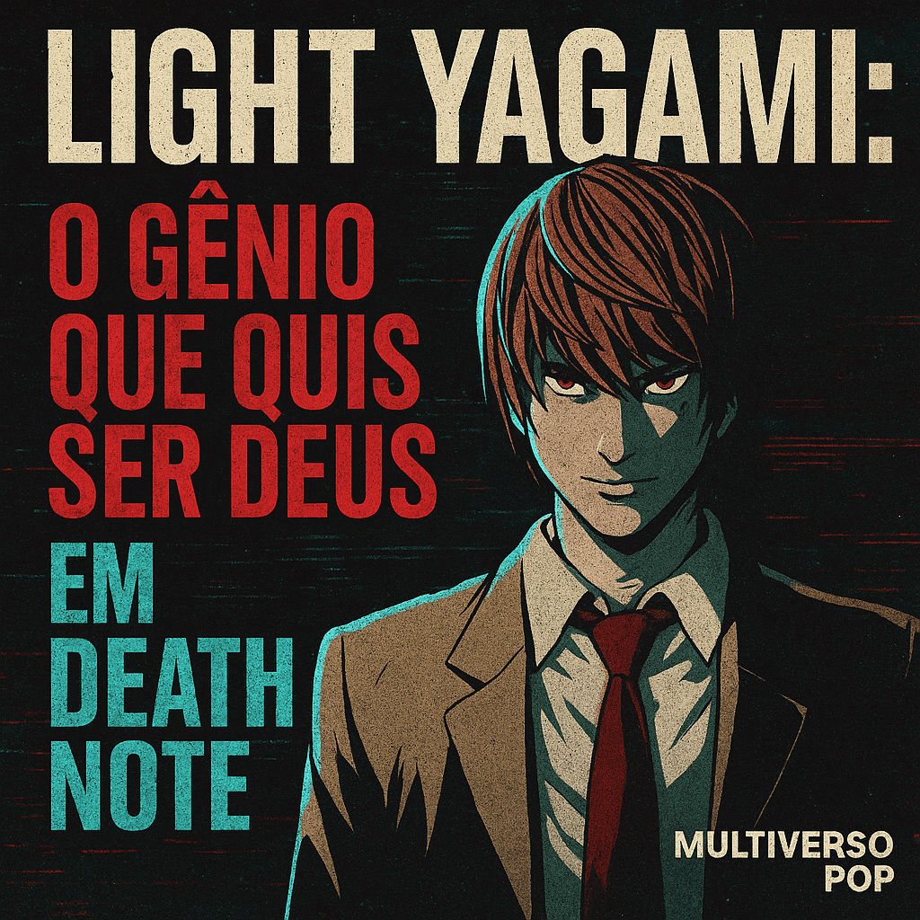 “Arte quadrada de Light Yagami, protagonista de Death Note, com título ‘O gênio que quis ser Deus’ em estilo gráfico retrô.”