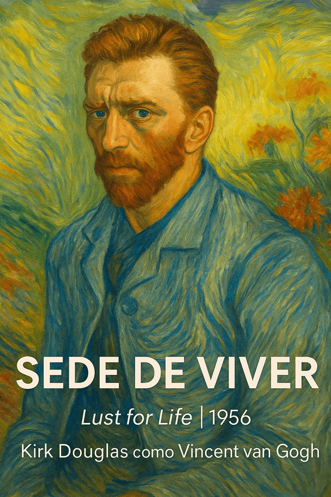 Cena estilizada do filme Sede de Viver (1956) retratando Vincent van Gogh em estilo de pintura a óleo vibrante, inspirado na estética das obras do artista