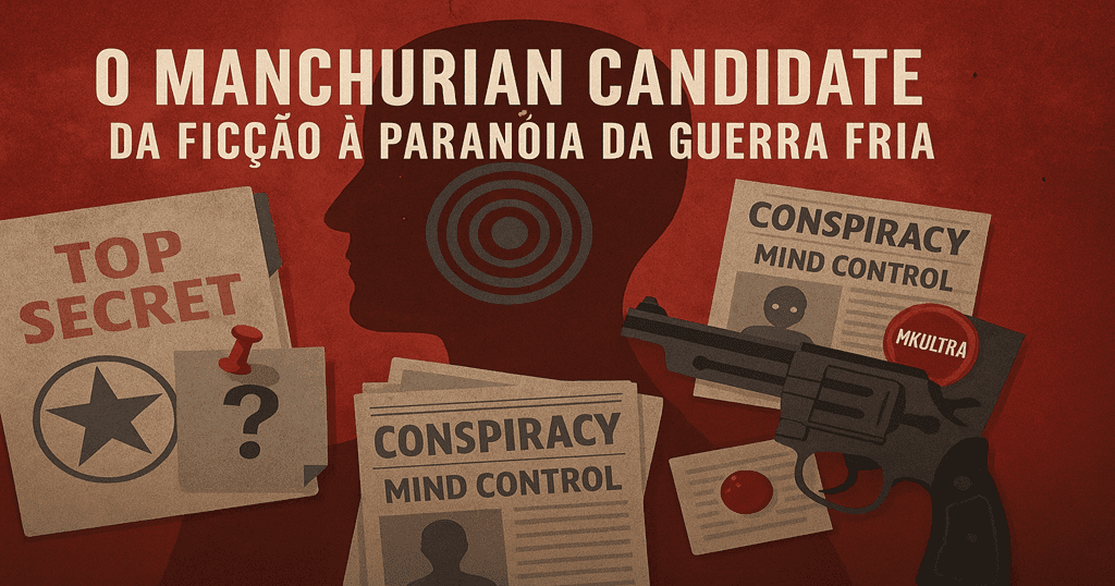 Ilustração horizontal com documentos secretos, silhueta e símbolos conspiratórios, representando O Manchurian Candidate e a Guerra Fria