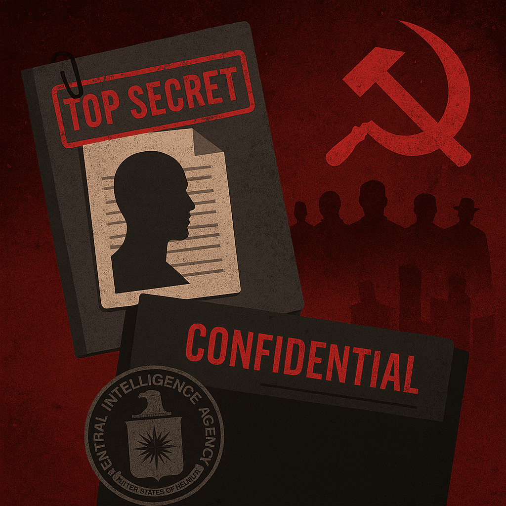 Ilustração quadrada com tons vermelhos e cinza, documentos secretos e atmosfera conspiratória representando O Manchurian Candidate - O Candidato da Manchúria