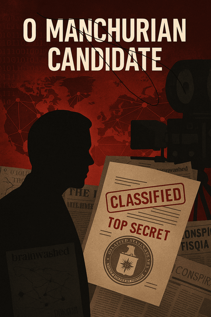 Ilustração vertical com atmosfera sombria, documentos secretos e tons vermelhos, representando O Manchurian Candidate e a Guerra Fria