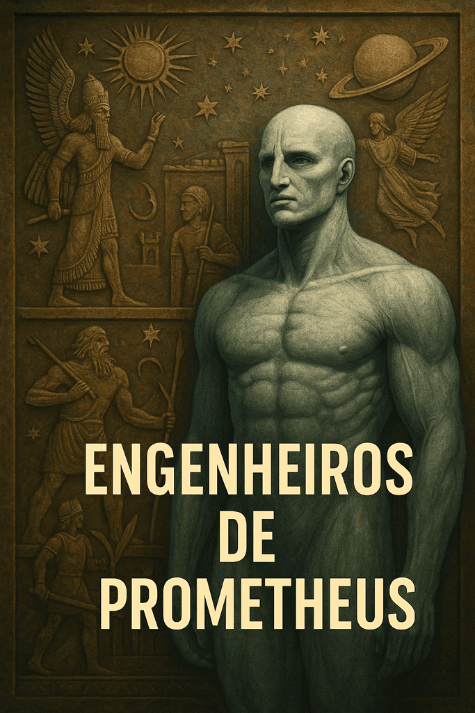 Imagem vertical de estilo mitológico e sci-fi com um Engenheiro do filme Prometheus em destaque, ao lado de um mural sumério com símbolos celestes e figuras aladas. Texto na imagem: "Engenheiros de Prometheus".