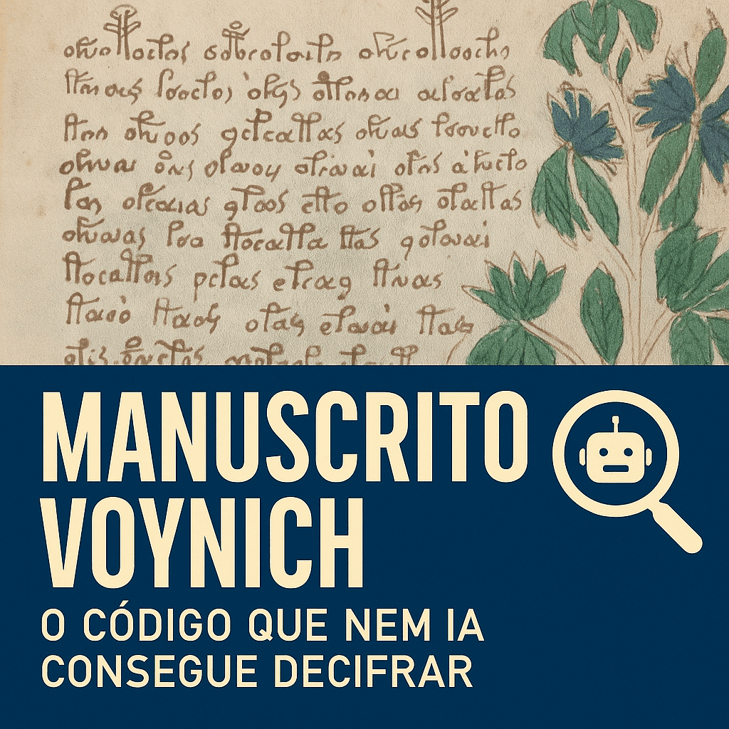 Ilustração digital do Manuscrito Voynich com símbolos misteriosos e letras indecifráveis, representando um dos maiores enigmas da história.